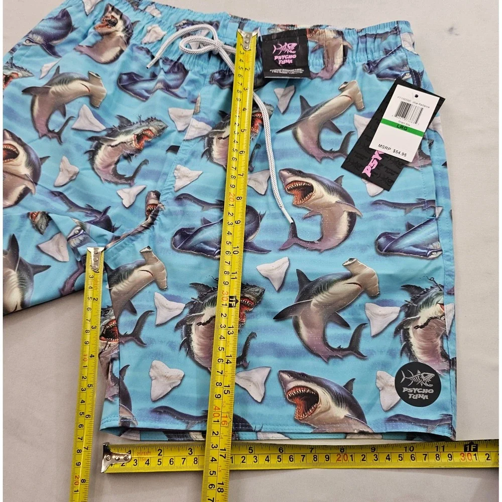 Psycho Tuna trunks swimwear mens L Large pockets PTYB0090 shark bite blue